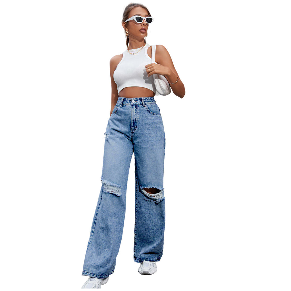 Pantalon en jean décontracté taille haute à trous pour femme