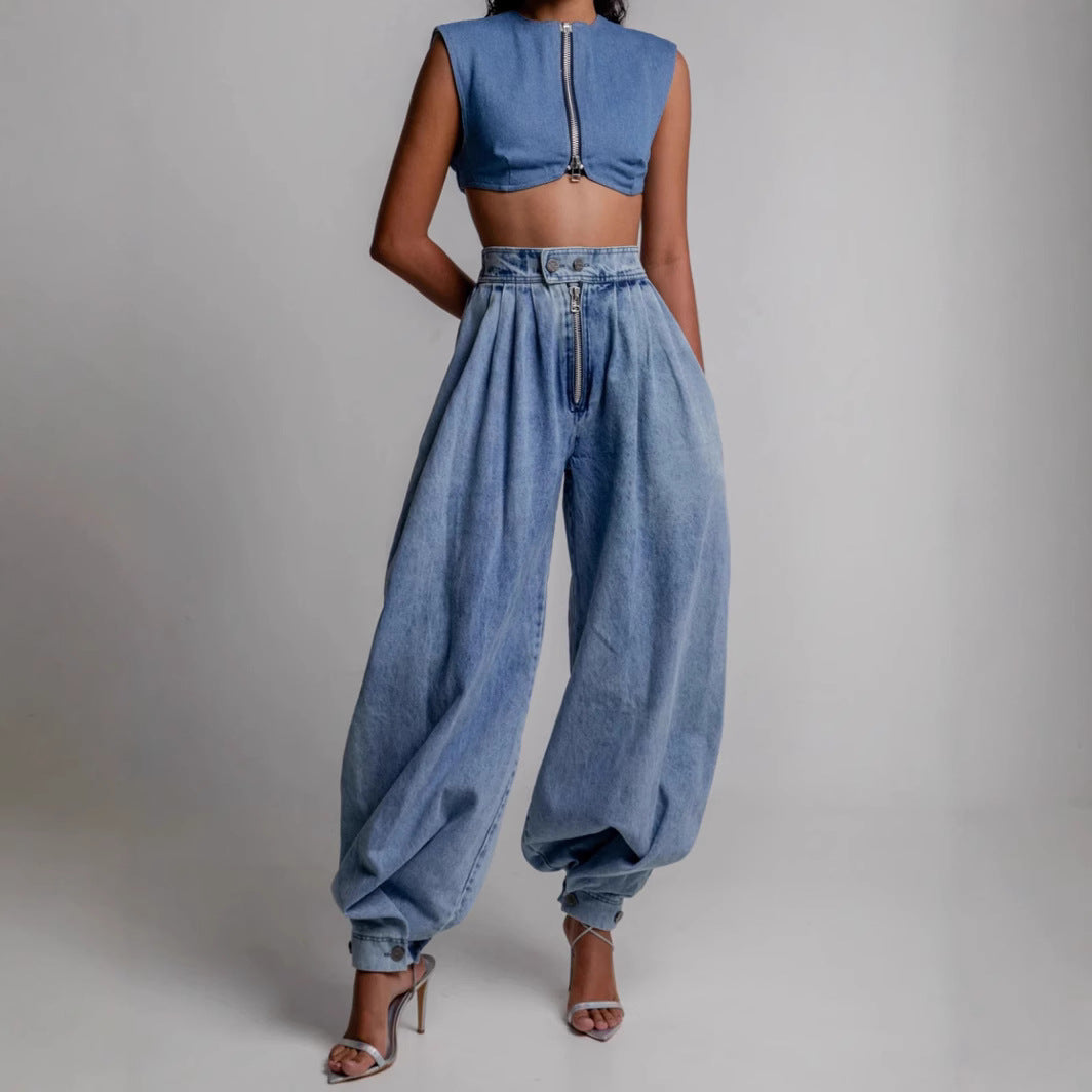 Pantalon Sarouel en Jean Ample Taille Haute avec Fermeture Éclair
