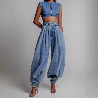 Pantalon Sarouel en Jean Ample Taille Haute avec Fermeture Éclair