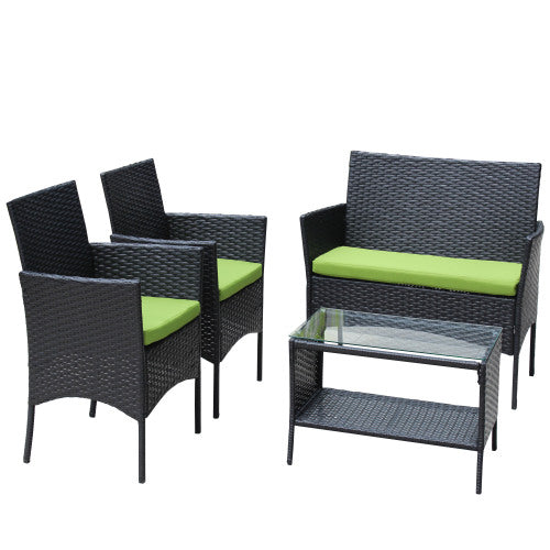 Juego de muebles de patio de ratán de 4 piezas con cojín, sofá de mimbre, cojín verde