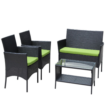 Juego de muebles de patio de ratán de 4 piezas con cojín, sofá de mimbre, cojín verde