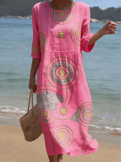 Robe décontractée en coton et lin imprimée à col rond et manches mi-longues pour femmes