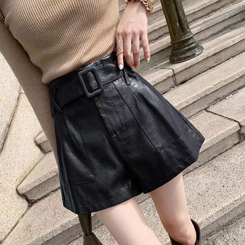 Pantalones versátiles de piel de talle alto para mujer