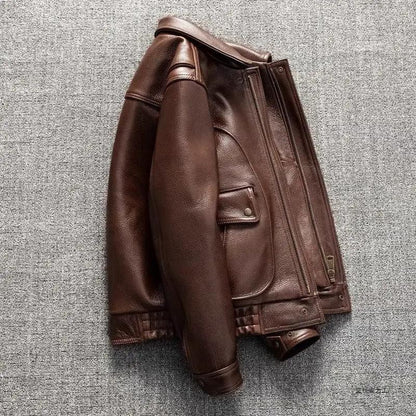 Leather jacket in brown with zip front and front flap pocket