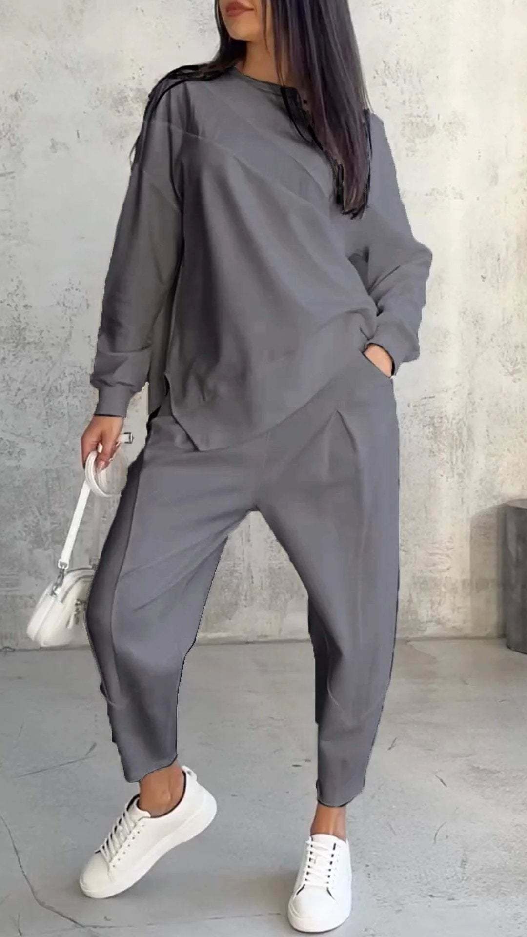 Ensemble Pull Femme Col Rond Ample Et Irrégulier À Manches Longues