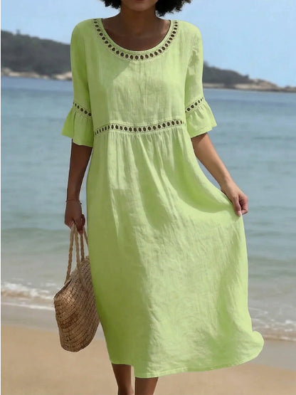 Robe décontractée élégante à col rond, manches trois-quarts et couleur unie