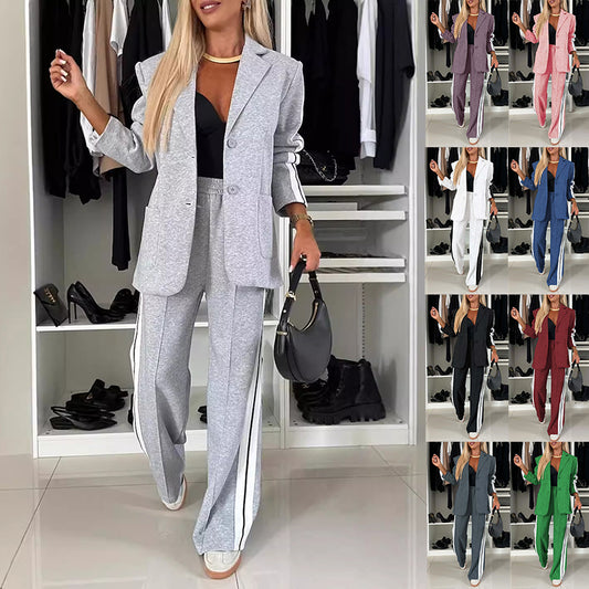 Ensemble décontracté pour femme, veste à revers à simple boutonnage et pantalon droit rayé, costume de sport à la mode, vêtements d'extérieur