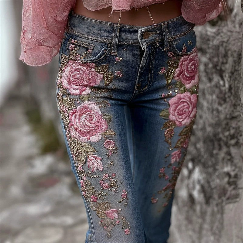 Pantalon en faux jean fleuri et coloré pour femme