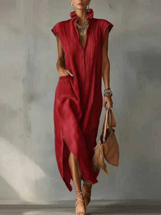 Robe unie sans manches en coton et lin pour femme
