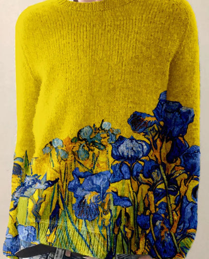 Pull en tricot ample multicolore à col rond et à la mode pour femme