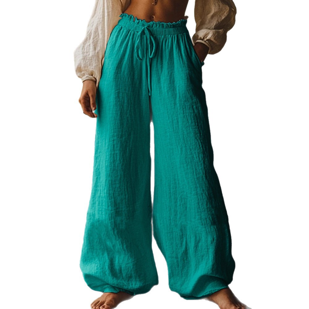 Pantalon ample décontracté de style artistique avec poches, cordon de serrage et taille élastique