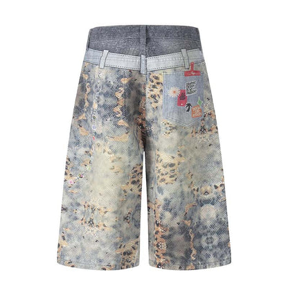 Pendant 3D Digital Printed Washed Denim Cropped Shorts