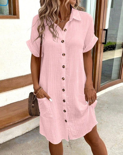 Robe chemise en coton et lin à col en V boutonnée pour femme, simplicité estivale