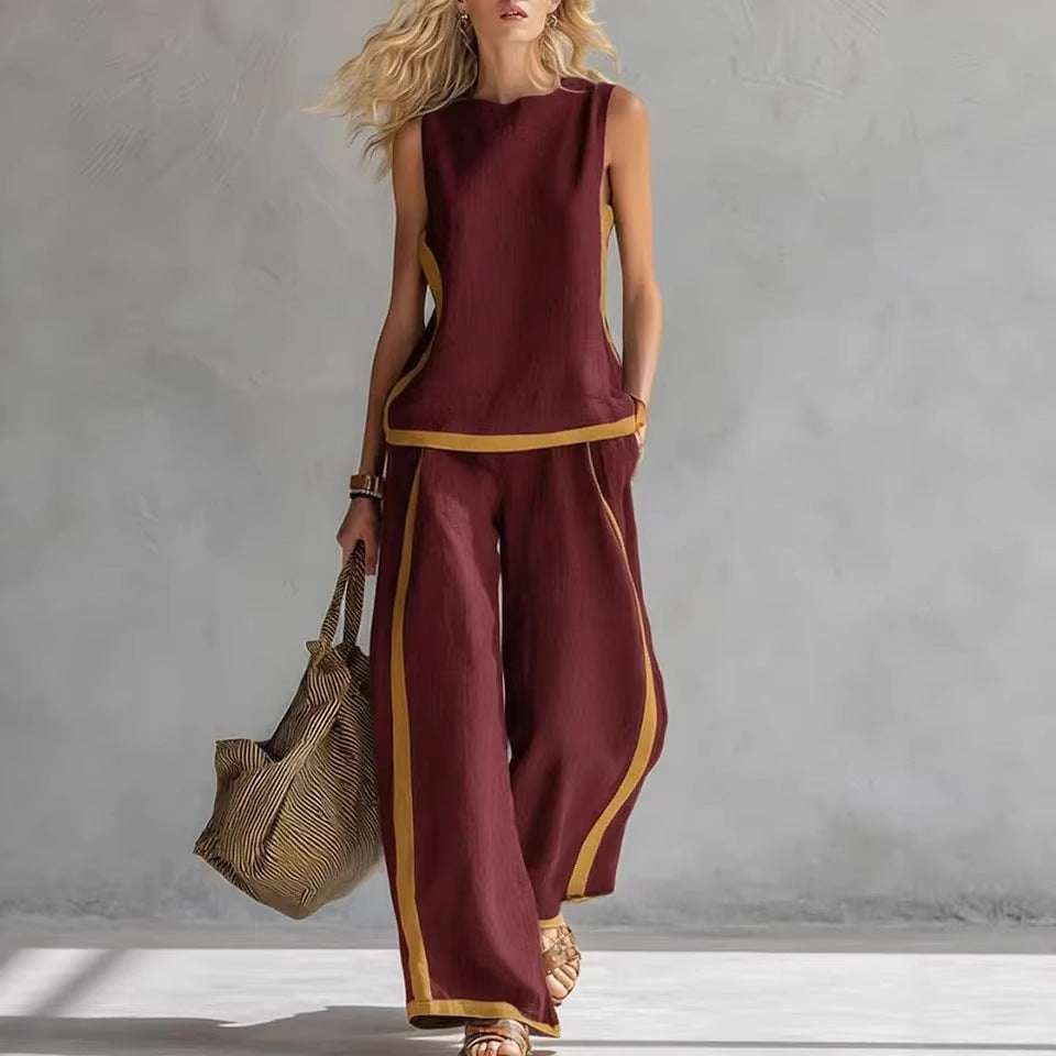 Ensemble Top Ample Sans Manches Col Rond et Pantalon Large Fluide Taille Haute