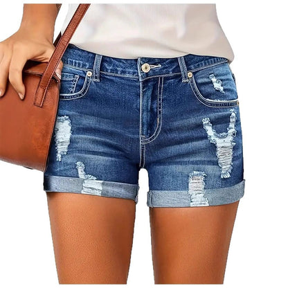 Elastic Hole Denim Shorts for Women