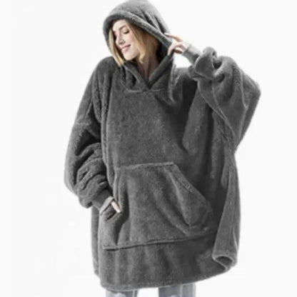 Hoodie sweatshirt in gray double-sided fleece, oversized wearable blanket with a large front pocket by AdTec