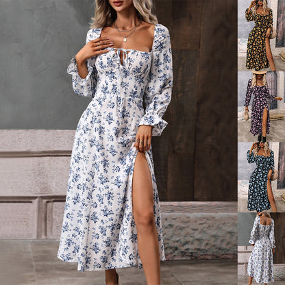 Robes à manches longues imprimées de fleurs, col carré tendance, fendues à la base pour femme
