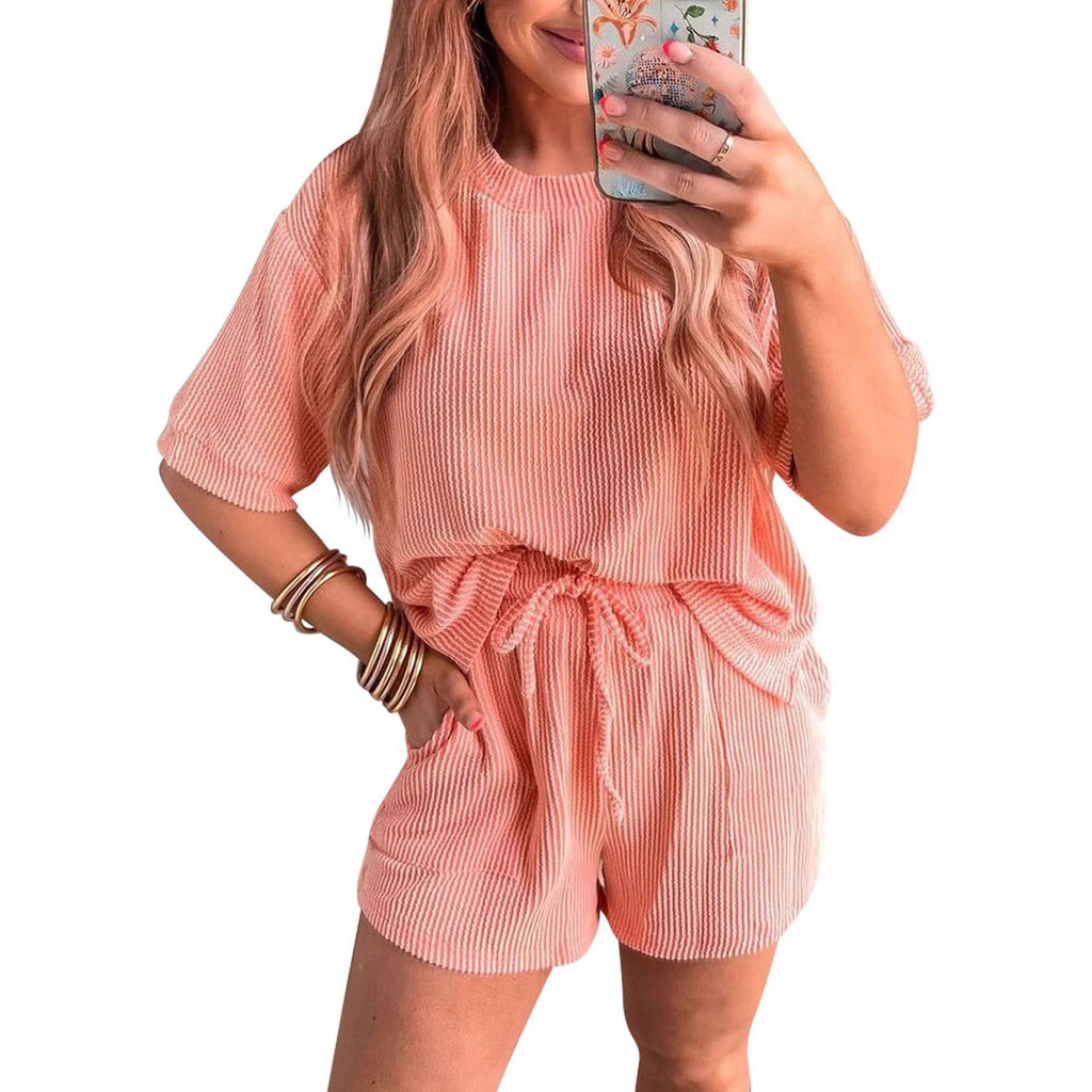 Short-sleeved Wavy Round Neck Top Elastic Waist Shorts Two-piece Set