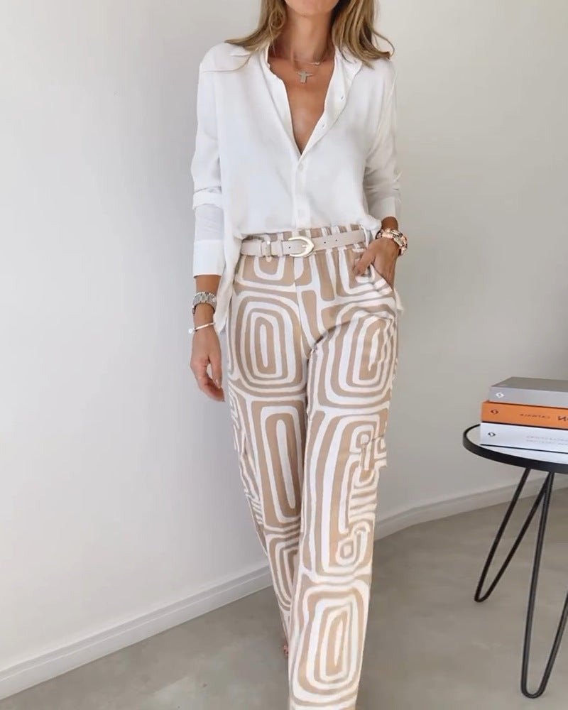 Ensemble Femme Chemise Décontractée à Revers et Manches Longues Imprimée et Pantalon Large