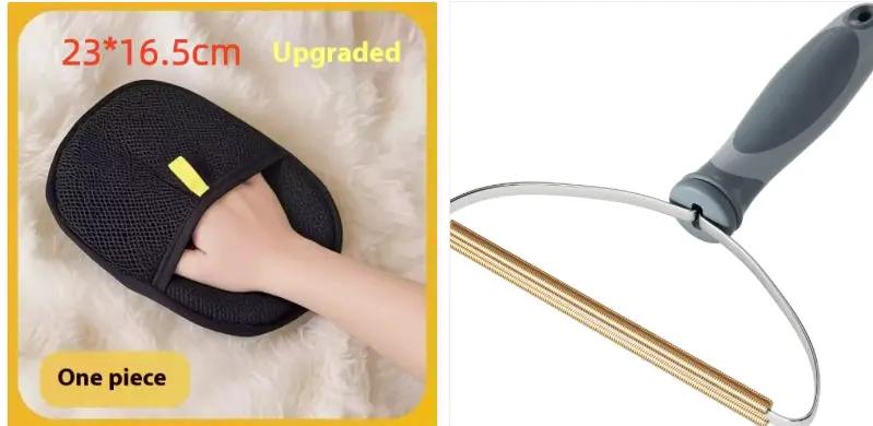 2-piece pet hair remover set: black mesh glove and gray deshedding roller tool