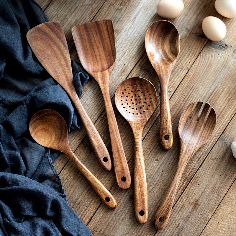 Espátula Utensilios de cocina Juego de pala con cabeza de teca para ensalada, sopa, pasta, cuchara de cocina