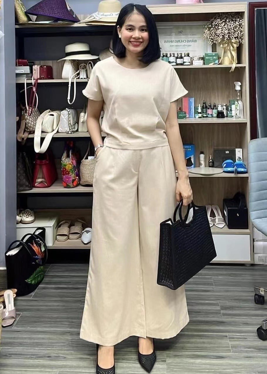 Traje de dos piezas de lino informal holgado de color sólido para mujer europea y americana