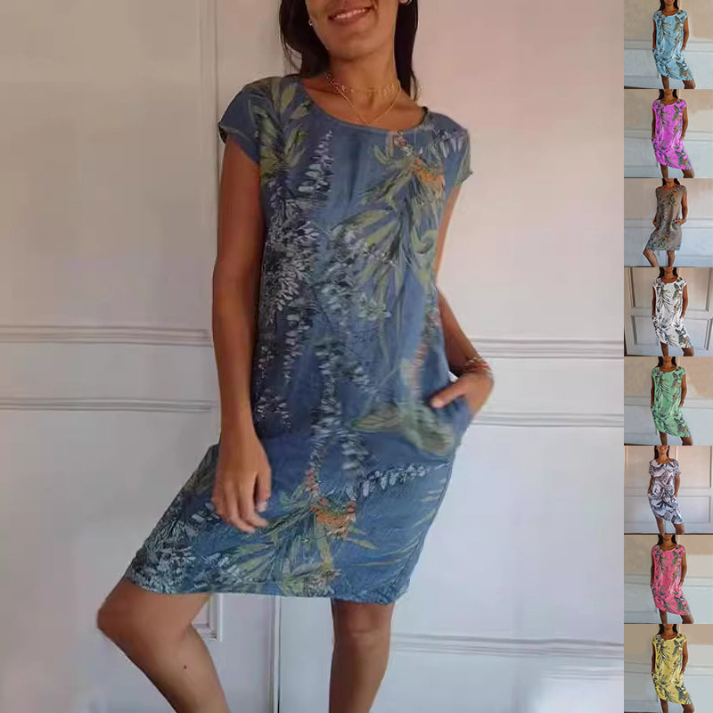 Robe droite à imprimé floral et feuilles, manches courtes et col rond, vêtements d'été amples pour femmes