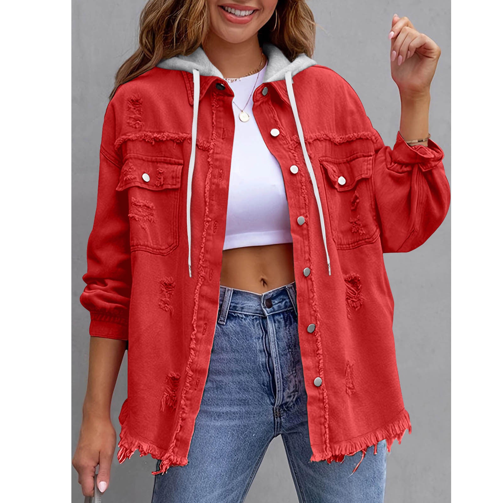 Chaqueta vaquera con capucha holgada de color liso para mujer