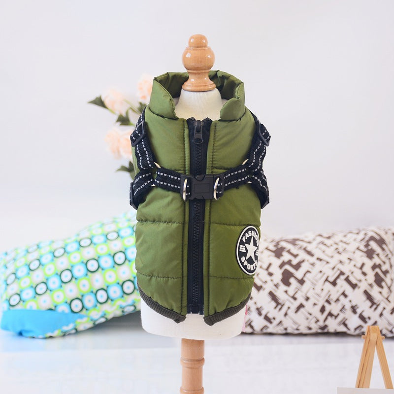 AdTec waterproof dog coat with harness, green puffer winter jacket for dogs