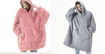Hoodie sweatshirt by AdTec with a large front pocket, thick fleece wearable blanket in pink and gray (2 colors).