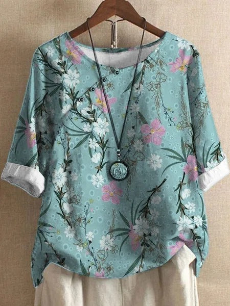 Camisa holgada estampada de moda de algodón y lino para mujer