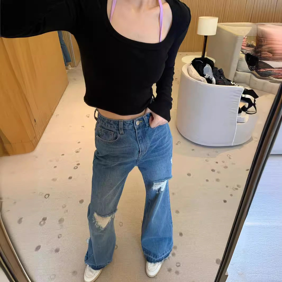 Layered Ripped Wide-Leg Jeans Women Spring New Long Pants
