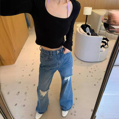 Layered Ripped Wide-Leg Jeans Women Spring New Long Pants