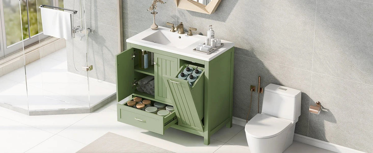 36 inch bathroom vanity with sink, one double door cabinet one large drawer and one flip drawer solid wood and MDF board, green by eprolo