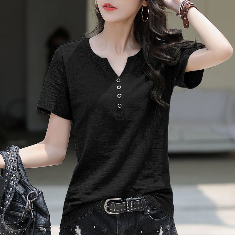 Camiseta de algodón de manga corta para mujer, camisa suelta básica