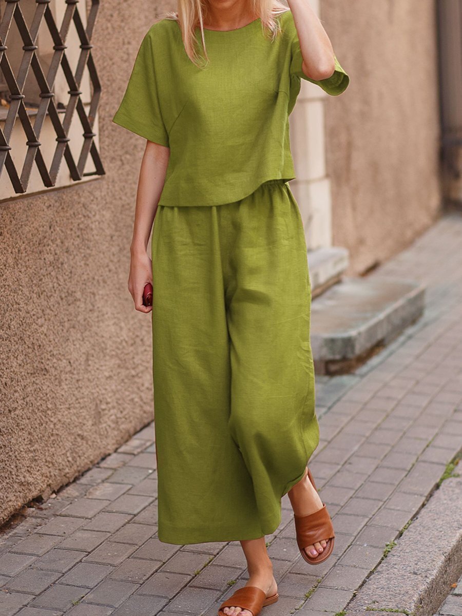 Traje de dos piezas de lino informal holgado de color sólido para mujer europea y americana