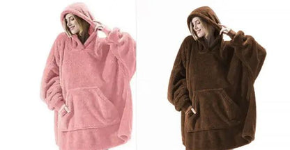 Hoodie Sweatshirt with large pocket, AdTec fleece, pink and brown double-sided wearable blanket style