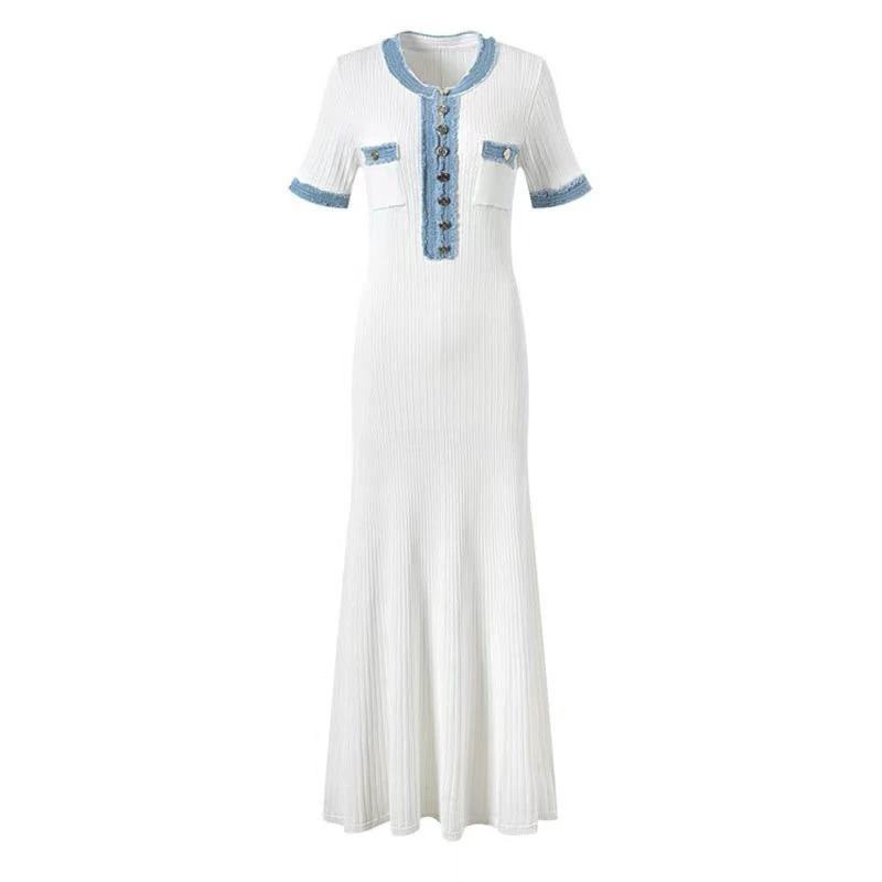 Long Sleeve Knit Dress with V-Neck, Fitted Waist, Denim Ribbed Pattern by eprolo