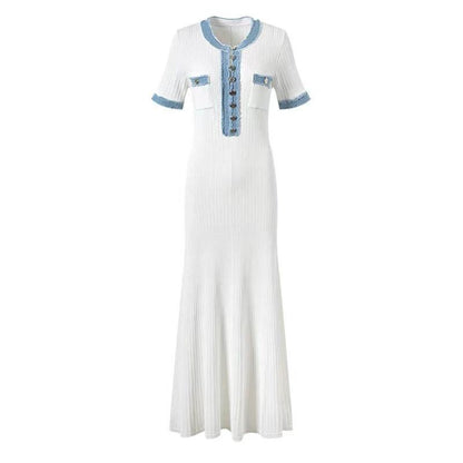 Long Sleeve Knit Dress with V-Neck, Fitted Waist, Denim Ribbed Pattern by eprolo