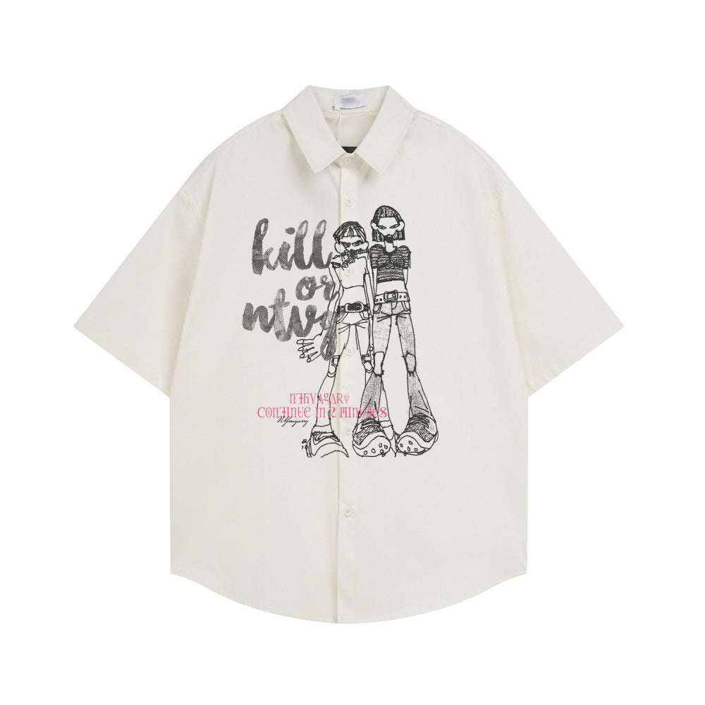 Human printed loose short sleeved shirt