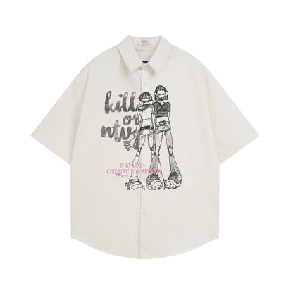 Human printed loose short sleeved shirt