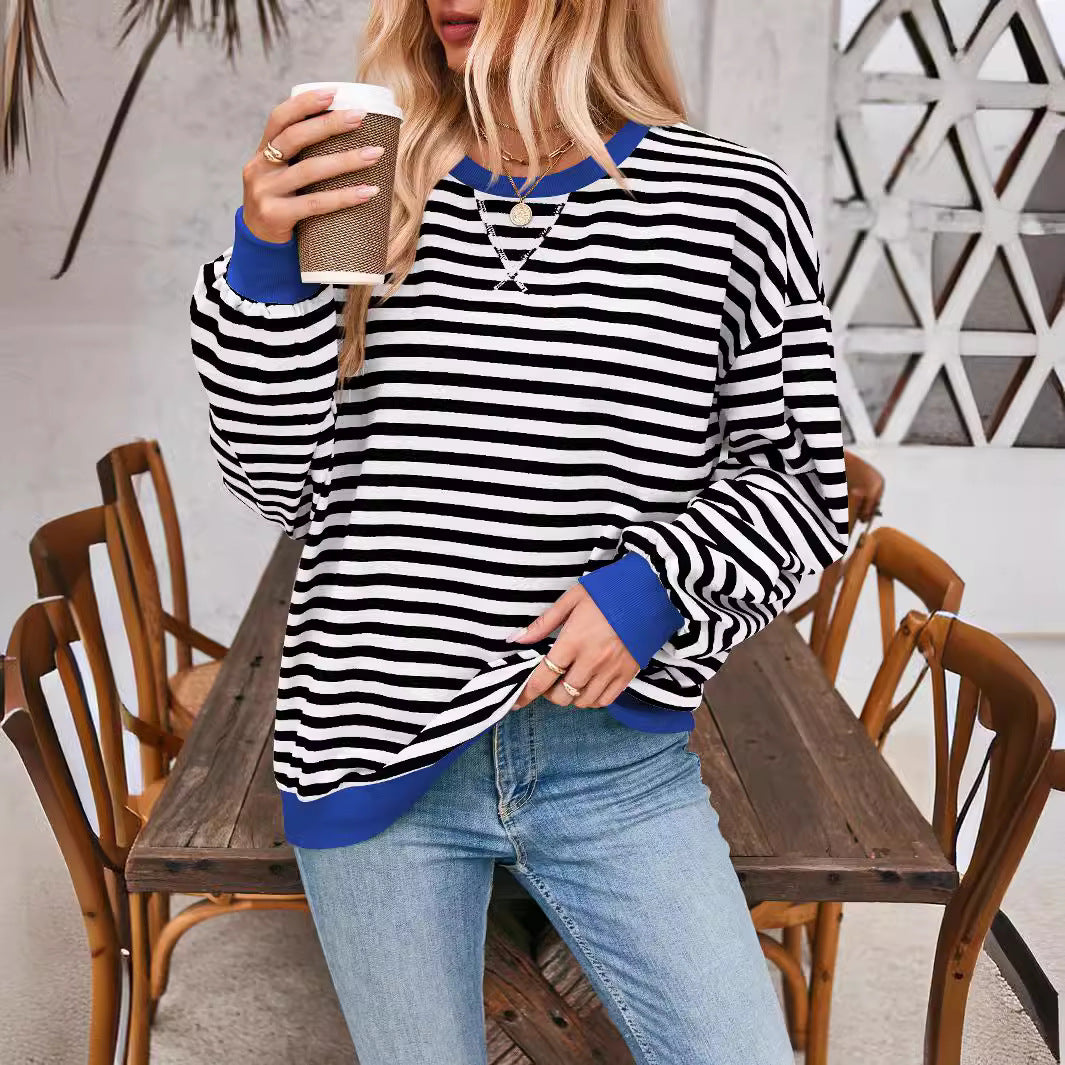 T-shirt ample à manches longues rayé, pull décontracté pour vêtements pour femmes
