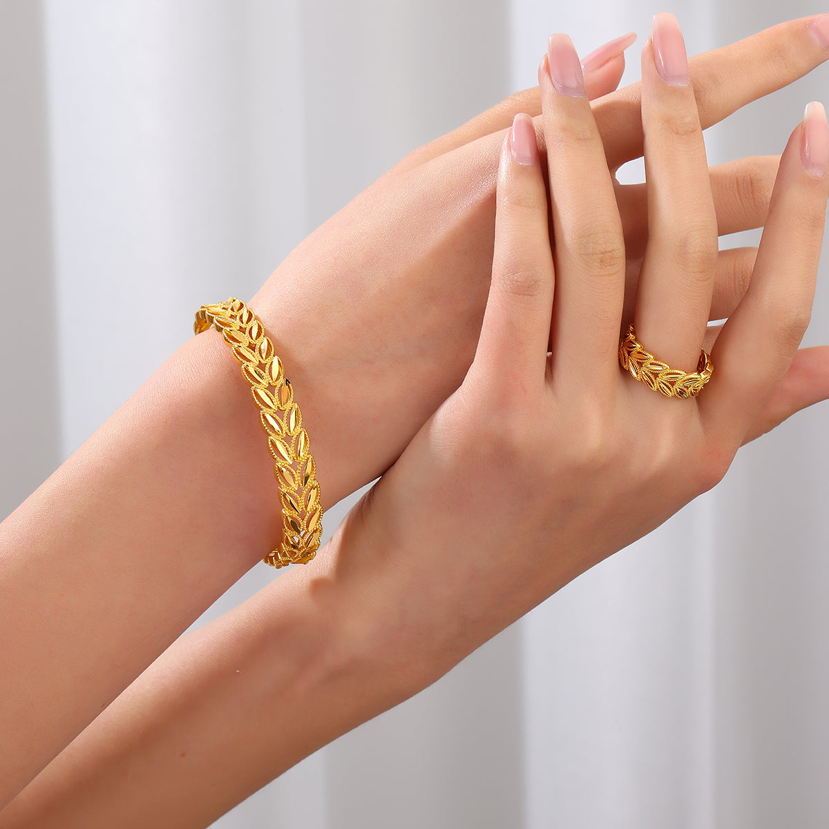 2 Pièces Ensemble Bague et Bracelet Ouvrant Feuilles Épis de Blé Plaqué Or 18 carats Tendance, Idéal pour le Quotidien des Femmes, Bijoux Cadeaux de Vacances