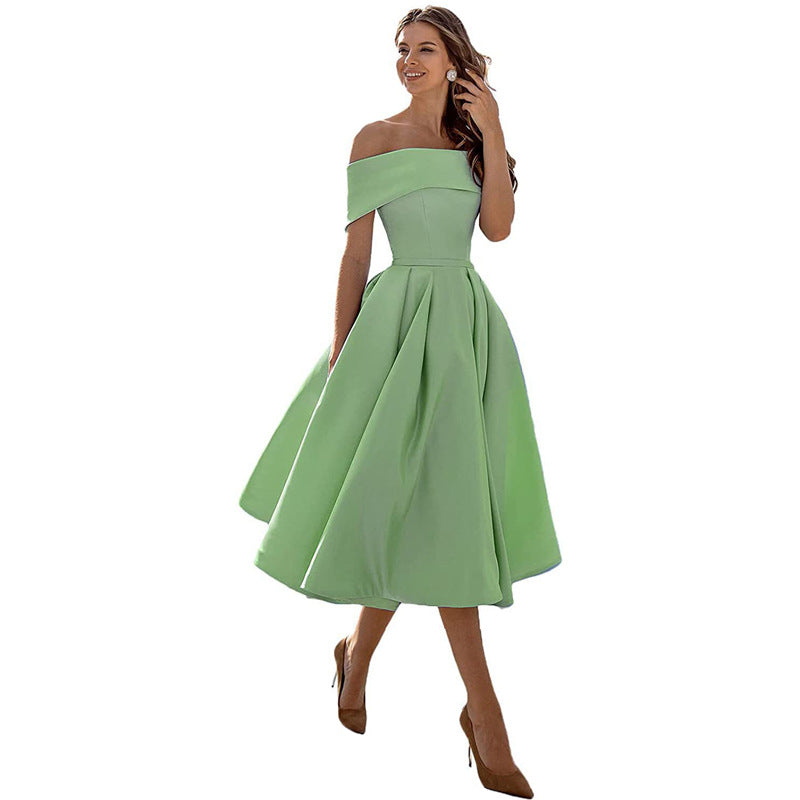 Robe de Soirée Formelle en Satin pour Femme sans Bretelles, Coupe Décontractée, Longueur Thé, Épaules Dénudées, avec Poches