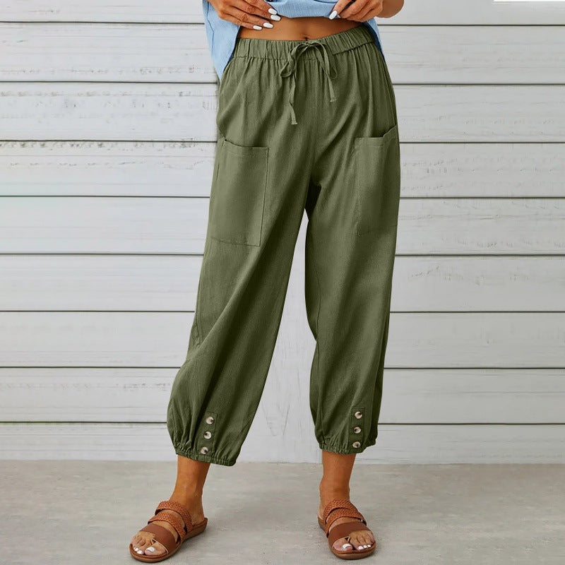 Pantalon ample taille haute en coton et lin avec boutons, coupe courte, jambes larges pour femme