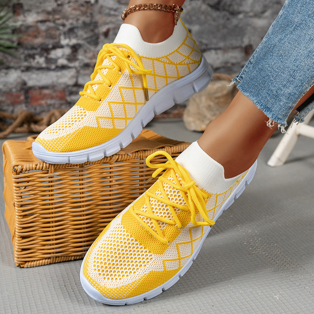 Zapatillas Flyknit con cordones y diseño de cuadros de colores para mujer, deportivas, transpirables, informales, para caminar y correr