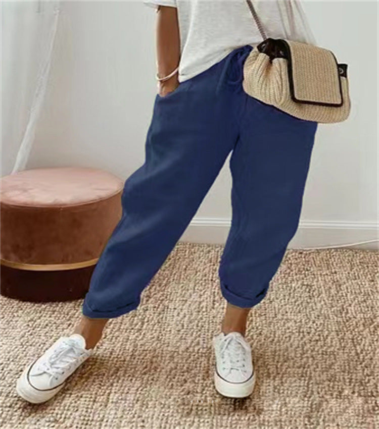 Pantacourt en coton et lin à taille élastique pour femme