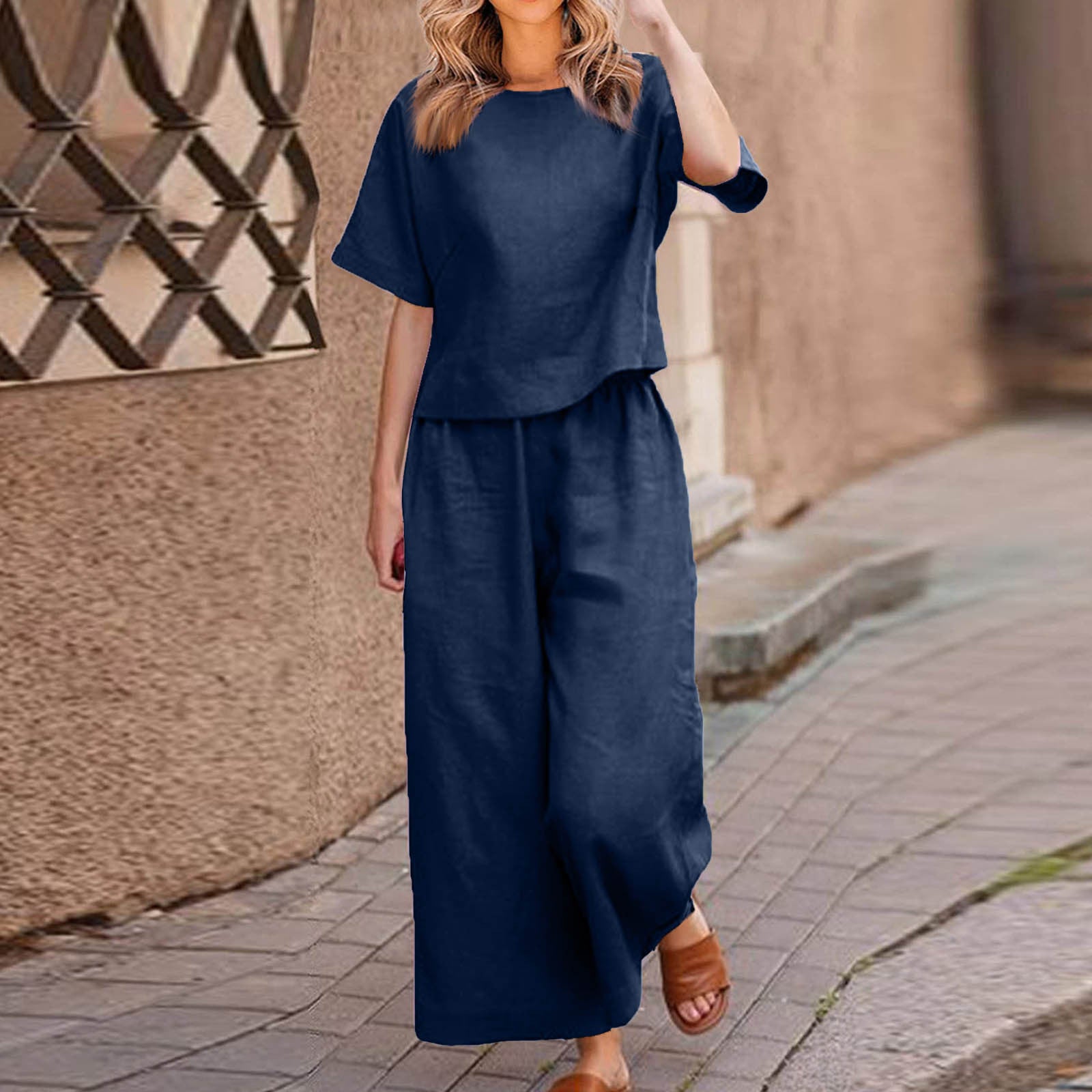 Traje de dos piezas de lino informal holgado de color sólido para mujer europea y americana