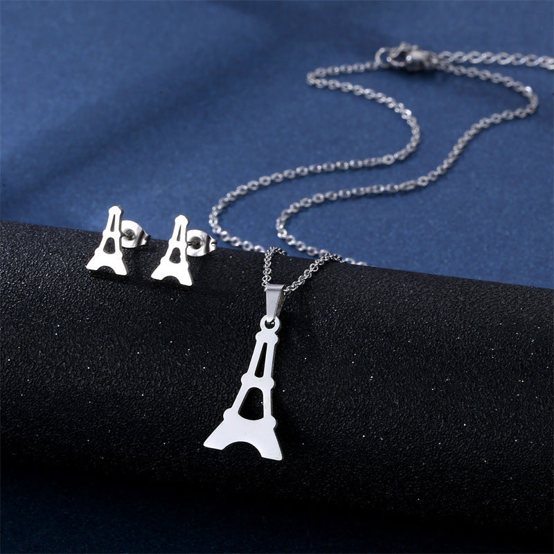 Stainless Steel Necklace Ear Stud Combination Suit