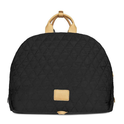 Pet Handbag for outdoor cats by AdTec, black quilted bag with tan leather handles.